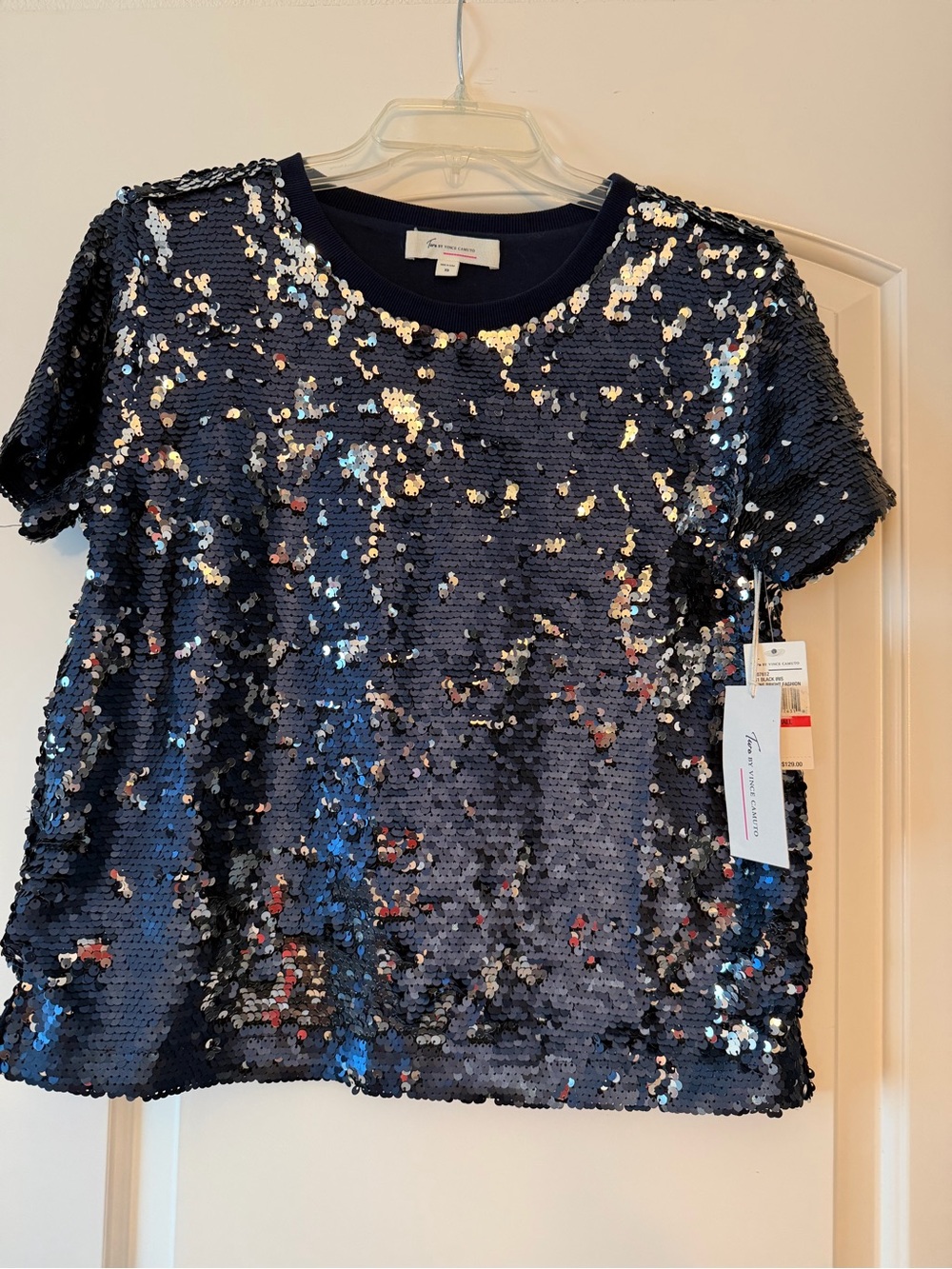 TWO BY VINCE CAMUTO Navy-Silver Reversible SequinTop - Sparkling Evening Tee